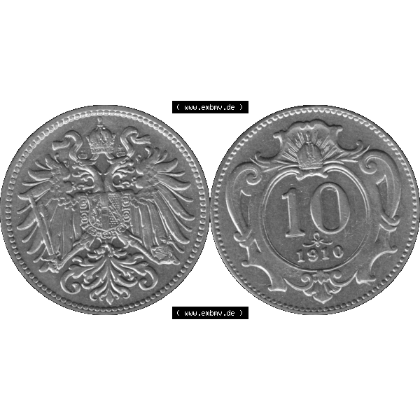 Grau bzw. s/w Alte Münze aus Kaiserreich Österreich als PNG-Grafik 1892-1911, 10 Heller 1910-01. Vorderseite und Rückseite der 10 Heller Münze aus dem Kaiserreich horizontal auf einen... Sammlung Graustufen