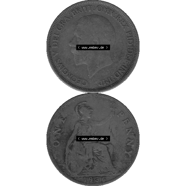 Grau bzw. s/w Alte Münze Großbritannien Umlaufmünze One Penny, 1 Pence 1928-1936, 1 One Penny, 1936-02 , George V. BM GEORGIVS V DEI GRABRITTOMNREX FIDDEFINDIMP Graustufen.... Sammlung Graustufen