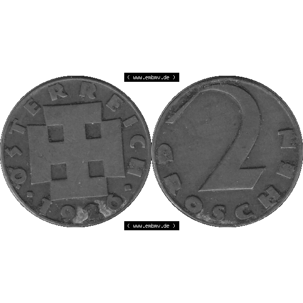 Grau bzw. s/w Alte Münze 2 / Zwei Groschen Österreich in original Farbgebung von Scanner transparenten PNG 1925-1938, 2 Zwei Groschen, Krückenkreuz 1926-03. Vorderseite und Rückseite... Sammlung Graustufen