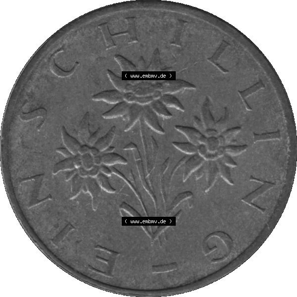 Grau bzw. s/w Alte Münzen Österreich 1 / Ein Schilling 1959-2001, 1 Schilling 1989-01. Rückseite der alten 1 Schilling Münze aus dem Zeitraum 1959-2001 vor dem Euro, Umlaufmünze... Sammlung Graustufen