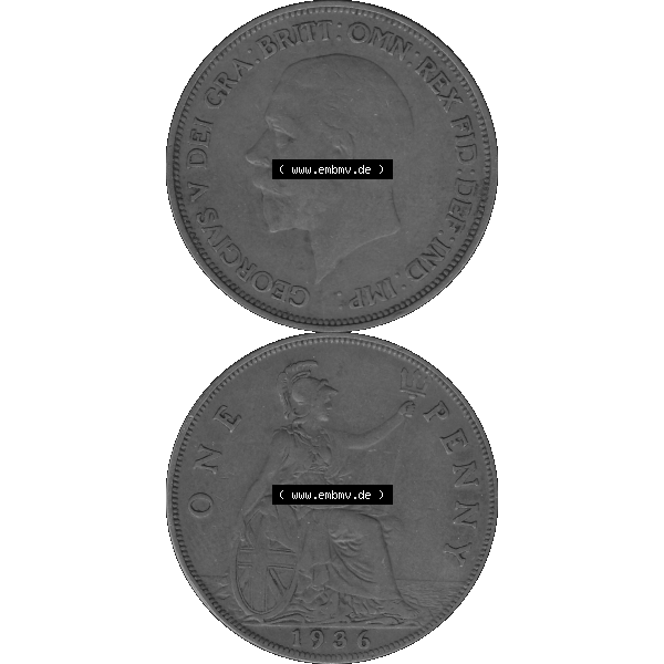 Grau bzw. s/w Alte Münze Großbritannien Umlaufmünze One Penny, 1 Pence 1928-1936, 1 One Penny, 1936-01, George V. BM GEORGIVS V DEI GRABRITTOMNREX FIDDEFINDIMP.... Sammlung Graustufen
