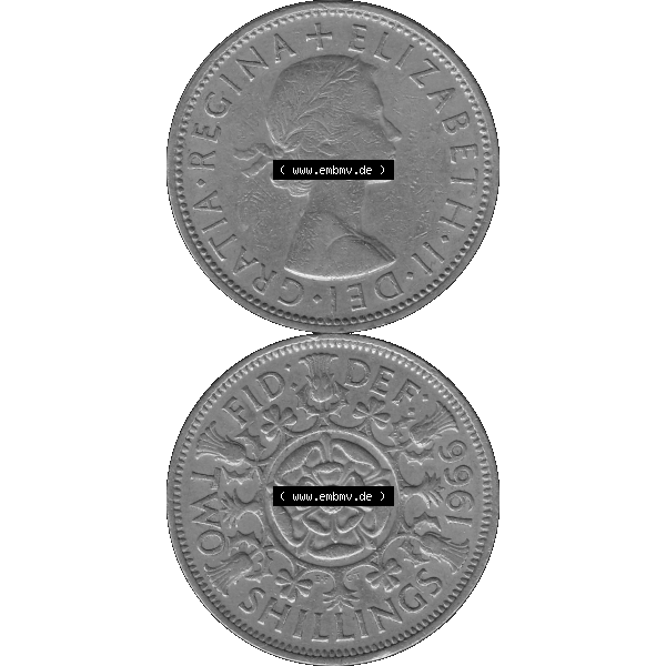 Grau bzw. s/w Alte Münze Großbritannien, Bild in Farbe bzw. Color PNG-Grafik, Umlaufmünze aus dem Zeitraum 1954-1970, 2 Schilling-Florin, Two Shillings, 1966-03 ELIZABETH... Sammlung Graustufen