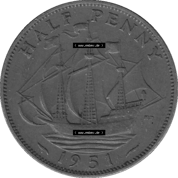 Grau bzw. s/w Alte Münze Großbritannien Umlaufmünze Half Penny 1949-1952, Half Penny 1951-01, George VI. GEORGIVS VI D-G-BR-OMN-REX FIDEI DEF.HP. Rückseite der alten... Sammlung Graustufen