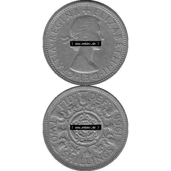 Grau bzw. s/w Alte Münze Großbritannien, Bild in Farbe bzw. Color PNG-Grafik, Umlaufmünze aus dem Zeitraum 1954-1970, 2 Schilling-Florin, Two Shillings, 1966-06 ELIZABETH... Sammlung Graustufen