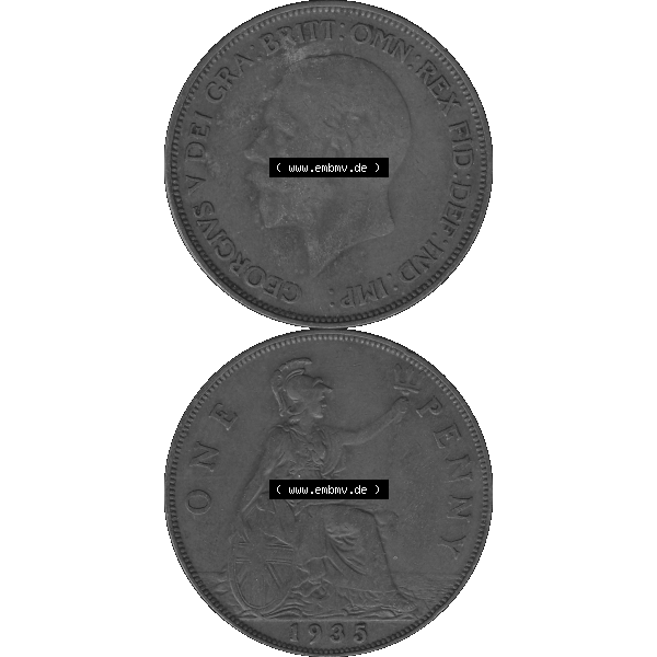 Grau bzw. s/w Alte Münze Großbritannien Umlaufmünze One Penny, 1 Pence 1928-1936, 1 One Penny, 1935-01, George V. BM GEORGIVS V DEI GRABRITTOMNREX FIDDEFINDIMP.... Sammlung Graustufen