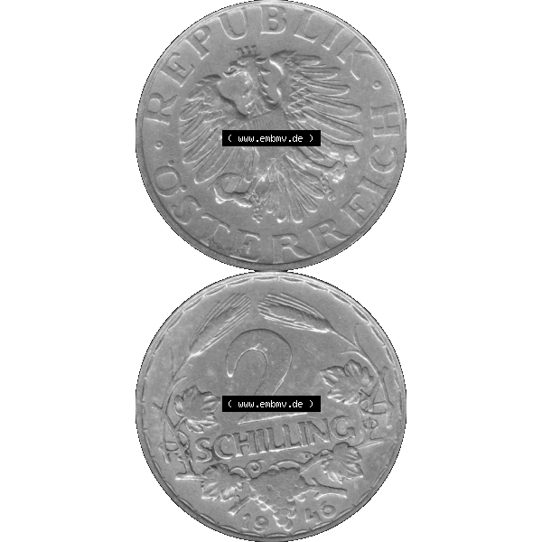 Grau bzw. s/w Alte Münze aus Österreich als PNG-Grafik 1946-1952, 2 Schilling 1946-01. Vorderseite und Rückseite der 2 Schilling Münze vertikal auf einen digitalen Bild der alten österreichischen... Sammlung Graustufen