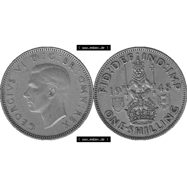 Grau bzw. s/w Alte Münze Großbritannien, Bild in Farbe bzw. Color PNG-Grafik 1947-1948, 1 One Schilling - One Shilling, 1948-03 Sitzender gekrönter Löwe auf Krone.... Sammlung Graustufen