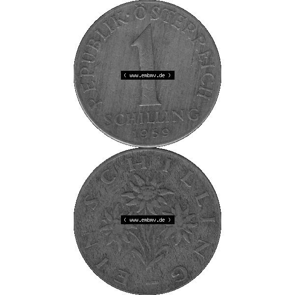 Grau bzw. s/w Alte Münzen Österreich 1 / Ein Schilling 1959-2001, 1 Schilling 1959-01, Ein Shilling Edelweiß. Vorderseite und Rückseite der Kursmünze 1 / Ein Schilling... Sammlung Graustufen