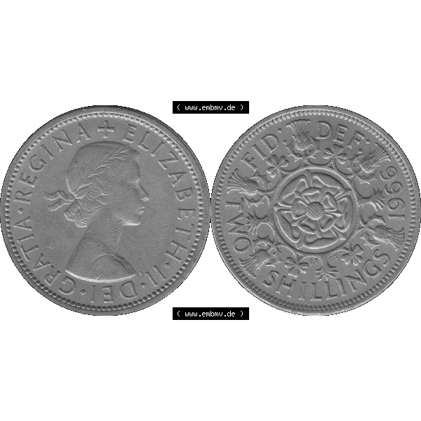 Grau bzw. s/w Alte Münze Großbritannien, Bild in Farbe bzw. Color PNG-Grafik, Umlaufmünze aus dem Zeitraum 1954-1970, 2 Schilling-Florin, Two Shillings, 1966-07 ELIZABETH... Sammlung Graustufen