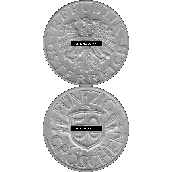 Grau bzw. s/w Alte Münze aus Österreich als PNG-Grafik 1946-1955, 50 Groschen 1952-01 Graustufen. Vorderseite und Rückseite in Graustufen der 50 Groschen Münze vertikal auf einen digitalen... Sammlung Graustufen