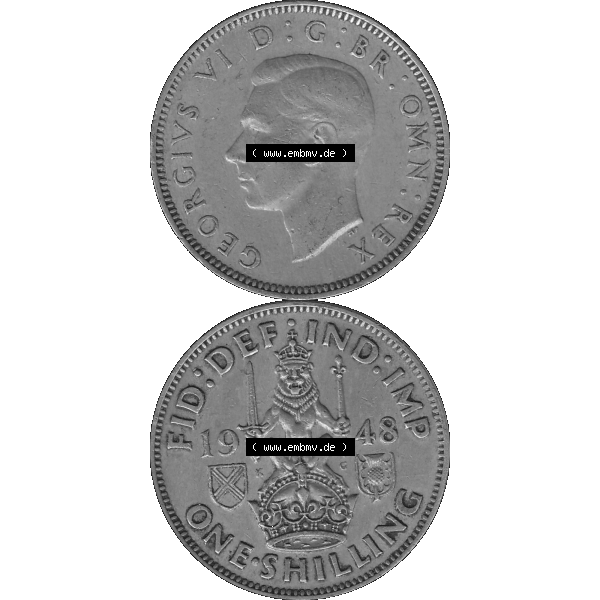 Grau bzw. s/w Alte Münze Großbritannien, Bild in Farbe bzw. Color PNG-Grafik 1947-1948, 1 One Schilling - One Shilling, 1948-03 Sitzender gekrönter Löwe auf Krone.... Sammlung Graustufen