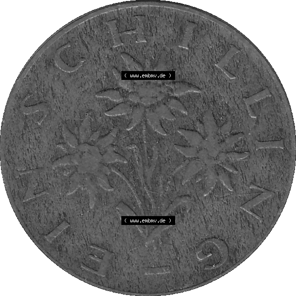Grau bzw. s/w Alte Münzen Österreich 1 / Ein Schilling 1959-2001, 1 Schilling 1959-01, Ein Shilling Edelweiß. Rückseite der alten 1 / Ein Schilling Münze Edelweiß... Sammlung Graustufen