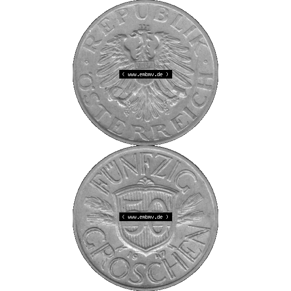 Grau bzw. s/w Alte Münze aus Österreich als PNG-Grafik 1946-1955, 50 Groschen 1947-01 Graustufen. Vorderseite und Rückseite in Graustufen der 50 Groschen Münze vertikal auf einen digitalen... Sammlung Graustufen