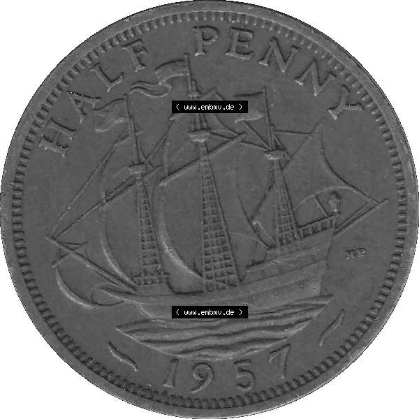 Grau bzw. s/w Alte Münze Großbritannien Umlaufmünze Half Penny, 1/2 Pence 1954-1970, Half Penny, Halber Pence 1957-01, Elisabeth II. - Schriftzug ELIZABETH II DEI GRATIA... Sammlung Graustufen