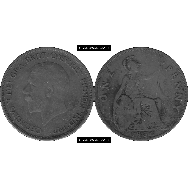 Grau bzw. s/w Alte Münze Großbritannien Umlaufmünze One Penny, 1 Pence 1928-1936, 1 One Penny, 1936-02 , George V. BM GEORGIVS V DEI GRABRITTOMNREX FIDDEFINDIMP Graustufen.... Sammlung Graustufen