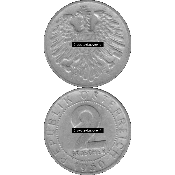 Grau bzw. s/w Alte Münze aus Österreich als PNG-Grafik 1950-1994, 2 Groschen 1950-01 Graustufen. Vorderseite und Rückseite in Graustufen der 2 Groschen Münze vertikal auf einen digitalen... Sammlung Graustufen
