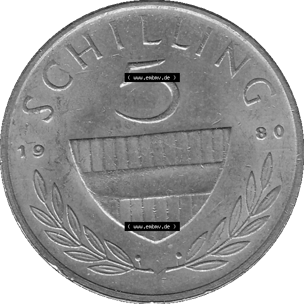 Grau bzw. s/w Alte Münze 5 / Fünf Schilling Österreich in original Farbgebung von Scanner transparenten PNG 1968-2001, 5 Schilling 1980-02, Reiter in der Levade. Rückseite... Sammlung Graustufen