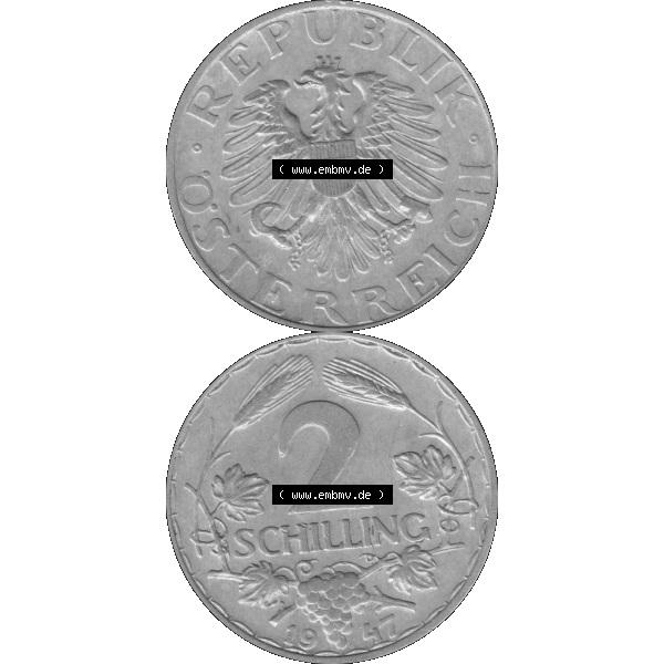 Grau bzw. s/w Alte Münze aus Österreich als PNG-Grafik 1946-1952, 2 Schilling 1947-01 Graustufen. Vorderseite und Rückseite in Graustufen der 2 Schilling Münze vertikal auf einen digitalen... Sammlung Graustufen