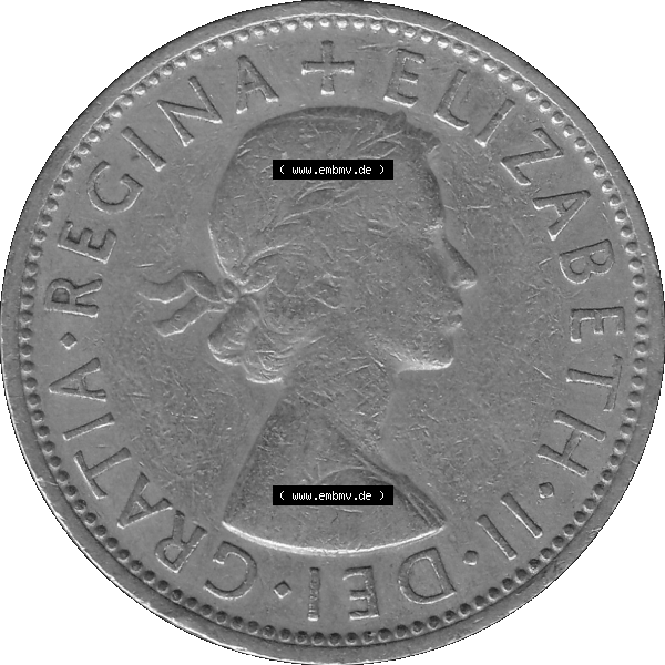 Grau bzw. s/w Alte Münze Großbritannien, Bild in Farbe bzw. Color PNG-Grafik, Umlaufmünze aus dem Zeitraum 1954-1970, 2 Schilling-Florin, Two Shillings, 1960-01 ELIZABETH... Sammlung Graustufen