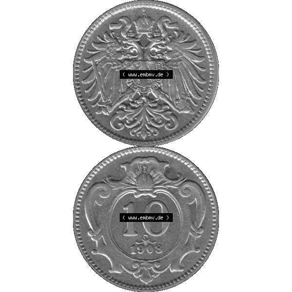 Grau bzw. s/w Alte Münze aus Kaiserreich Österreich als PNG-Grafik 1892-1911, 10 Heller 1908-01. Vorderseite und Rückseite der 10 Heller Kaiserreich Münze vertikal auf einen digitalen... Sammlung Graustufen
