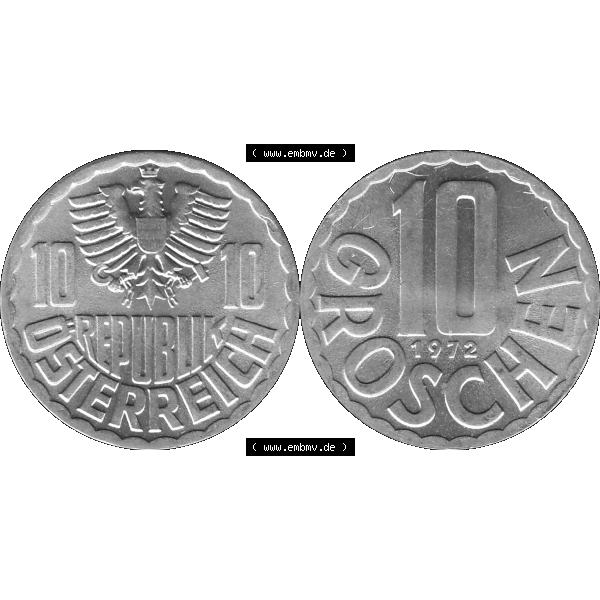Grau bzw. s/w Alte Münze 10 / Zehn Groschen Österreich in original Farbgebung von Scanner transparenten PNG 1951-2001, 10 Groschen 1972-01. Vorderseite und Rückseite der 10 / Zehn... Sammlung Graustufen