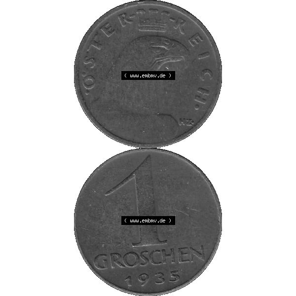 Grau bzw. s/w Alte Münze 1 / Ein Groschen Österreich in original Farbgebung von Scanner transparenten PNG 1925-1938, 1-Ein Groschen, Adlerkopf mit Mauerkrone 1935-01. Vorderseite und... Sammlung Graustufen