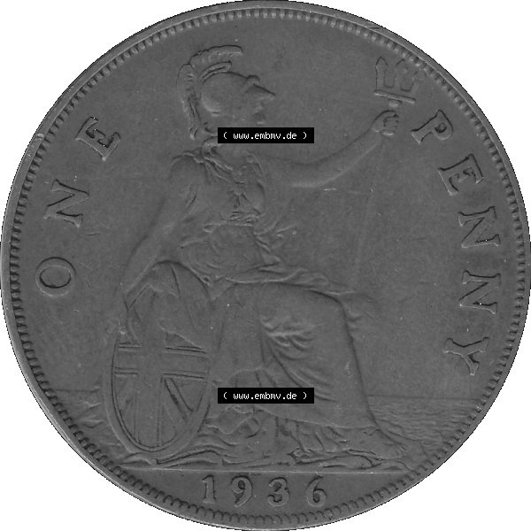 Grau bzw. s/w Alte Münze Großbritannien Umlaufmünze One Penny, 1 Pence 1928-1936, 1 One Penny, 1936-01, George V. BM GEORGIVS V DEI GRABRITTOMNREX FIDDEFINDIMP.... Sammlung Graustufen