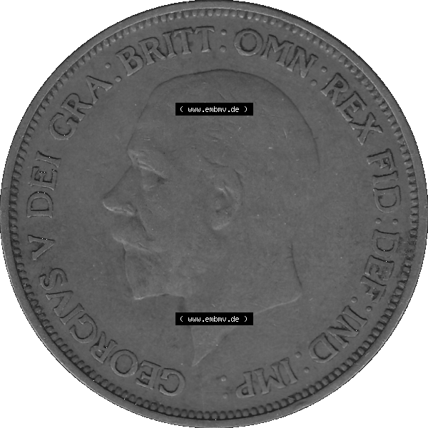 Grau bzw. s/w Alte Münze Großbritannien Umlaufmünze One Penny, 1 Pence 1928-1936, 1 One Penny, 1936-01, George V. BM GEORGIVS V DEI GRABRITTOMNREX FIDDEFINDIMP Graustufen.... Sammlung Graustufen