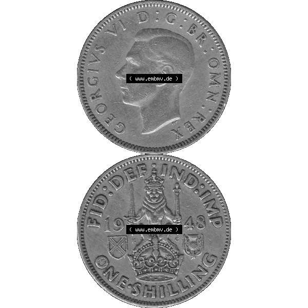 Grau bzw. s/w Alte Münze Großbritannien, Bild in Farbe bzw. Color PNG-Grafik 1947-1948, 1 One Schilling - One Shilling, 1948-02 Sitzender gekrönter Löwe auf Krone.... Sammlung Graustufen
