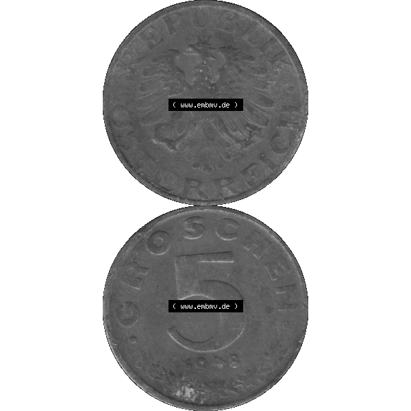 Grau bzw. s/w Alte Münzen Österreich 5 / Fünf Groschen in Farbe/Color 1948-1994, 5 Groschen 1948-01. Vorderseite und Rückseite der 5 / Fünf Groschen Münze vertikal... Sammlung Graustufen