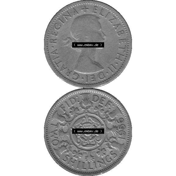 Grau bzw. s/w Alte Münze Großbritannien, Bild in Farbe bzw. Color PNG-Grafik, Umlaufmünze aus dem Zeitraum 1954-1970, 2 Schilling-Florin, Two Shillings, 1956-01 ELIZABETH... Sammlung Graustufen