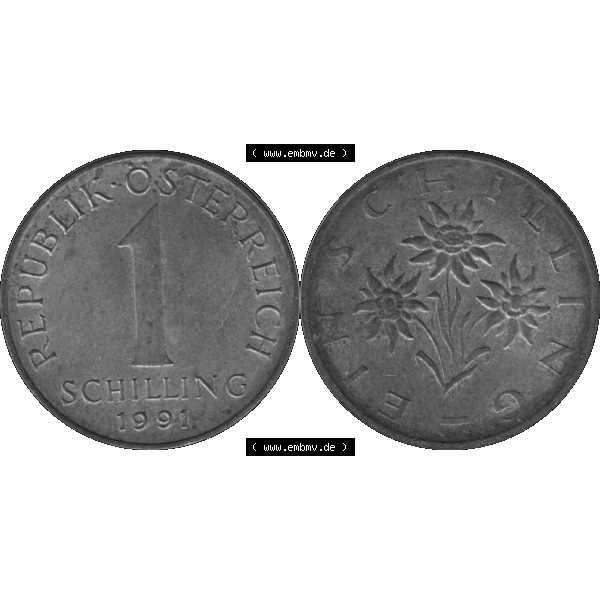 Grau bzw. s/w Alte Münzen Österreich 1 / Ein Schilling 1959-2001, 1 Schilling 1991-02. Vorderseite und Rückseite der 1 Schilling Münze aus dem Zeitraum 1959-2001 aus Österreich... Sammlung Graustufen