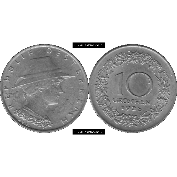 Grau bzw. s/w Alte Münze 10 / Zehn Groschen Österreich in original Farbgebung von Scanner transparenten PNG 1925-1929, 10 Groschen 1928-01, VS Triolerien, RS Wert mit Kranz. Vorderseite... Sammlung Graustufen