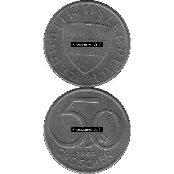 Grau bzw. s/w Alte Münze 50 / Fünfzig Groschen Österreich in original Farbgebung von Scanner transparenten PNG 1959-2001, 50 Groschen 1969-01, Bindenschild. Vorderseite und Rückseite... Sammlung Graustufen