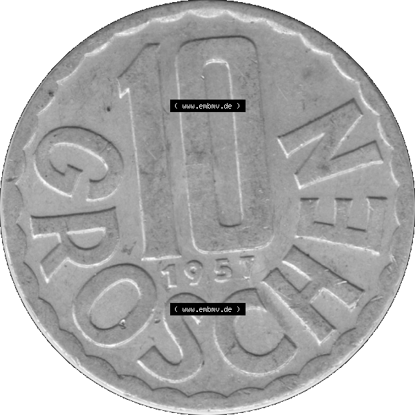 Grau bzw. s/w Alte Münze 10 / Zehn Groschen Österreich in original Farbgebung von Scanner transparenten PNG 1951-2001, 10 Groschen 1957-01. Rückseite der alten 10 / Zehn Groschen... Sammlung Graustufen