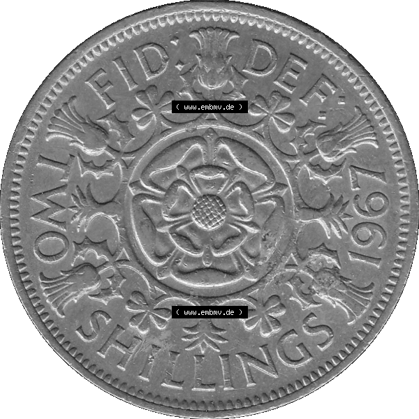 Grau bzw. s/w Alte Münze Großbritannien, Bild in Farbe bzw. Color PNG-Grafik, Umlaufmünze aus dem Zeitraum 1954-1970, 2 Schilling-Florin, Two Shillings, 1967-01 ELIZABETH... Sammlung Graustufen