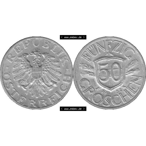 Grau bzw. s/w Alte Münze aus Österreich als PNG-Grafik 1946-1955, 50 Groschen 1952-01 Graustufen. Vorderseite und Rückseite der 50 Groschen Münze vertikal auf einen digitalen Graustufen... Sammlung Graustufen