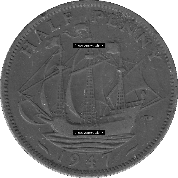 Grau bzw. s/w Alte Münze Großbritannien Umlaufmünze Half Penny, 1/2 Pence 1937-1948, Half Penny 1947-01, George VI. GEORGIVS VI D-G-BR-OMN-REX F-D-IND-IMP.HP.... Sammlung Graustufen