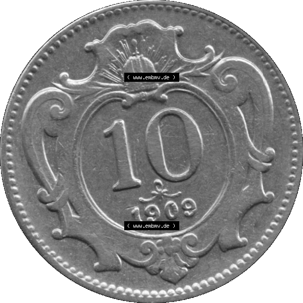 Grau bzw. s/w Alte Münze aus Kaiserreich Österreich als PNG-Grafik 1892-1911, 10 Heller 1909-01. Rückseite der alten 10 Heller Umlaufmünze aus Österreichischen Kaiserreich,... Sammlung Graustufen