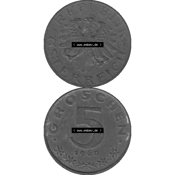 Grau bzw. s/w Alte Münzen Österreich 5 / Fünf Groschen in Farbe/Color 1948-1994, 5 Groschen 1968-01. Vorderseite und Rückseite der 5 / Fünf Groschen Münze vertikal... Sammlung Graustufen
