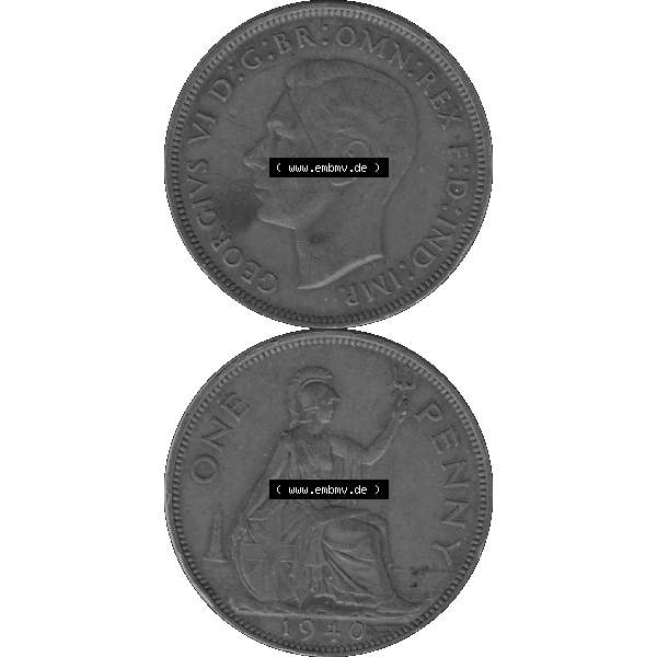 Grau bzw. s/w Alte Münzen Großbritannien Umlaufmünze 1937-1948, 1 One Penny 1940-01, George VI, GEORGIVS VI DGBROMNREX FDINDIMP. HP. Vorderseite und Rückseite der... Sammlung Graustufen
