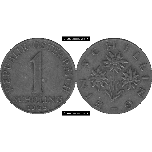 Grau bzw. s/w Alte Münzen Österreich 1 / Ein Schilling 1959-2001, 1 Schilling 1965-01, Edelweiß. Vorderseite und Rückseite der 1 / Ein Schilling Münze Edelweiß... Sammlung Graustufen