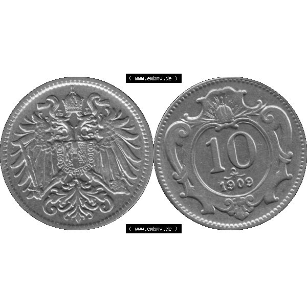 Grau bzw. s/w Alte Münze aus Kaiserreich Österreich als PNG-Grafik 1892-1911, 10 Heller 1909-01. Vorderseite und Rückseite der 10 Heller Münze aus dem Kaiserreich horizontal auf einen... Sammlung Graustufen