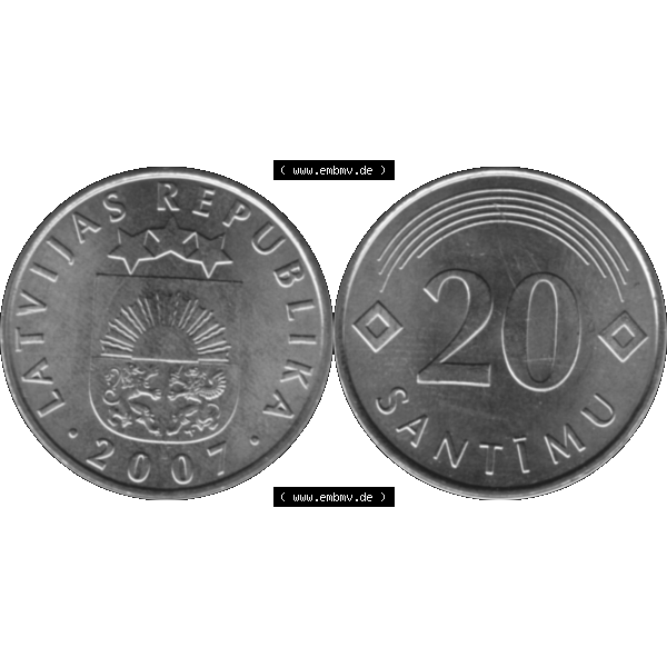 Grau bzw. s/w Alte Münze Lettland Umlaufmünze 1992-2009, 20 Santimu 2007-01, VS.: Staatswappen von Latvijas Republika, RS.: Wert-Zahl. Vorderseite und Rückseite... Sammlung Graustufen