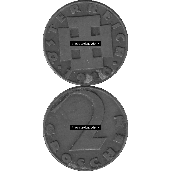 Grau bzw. s/w Alte Münze 2 / Zwei Groschen Österreich in original Farbgebung von Scanner transparenten PNG 1925-1938, 2 Zwei Groschen, Krückenkreuz 1926-03. Vorderseite und Rückseite... Sammlung Graustufen