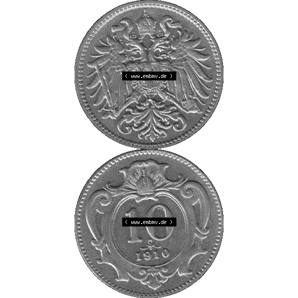 Grau bzw. s/w Alte Münze aus Kaiserreich Österreich als PNG-Grafik 1892-1911, 10 Heller 1910-01 Graustufen. Vorderseite und Rückseite in Graustufen der 10 Heller Münze aus dem österreichischen... Sammlung Graustufen