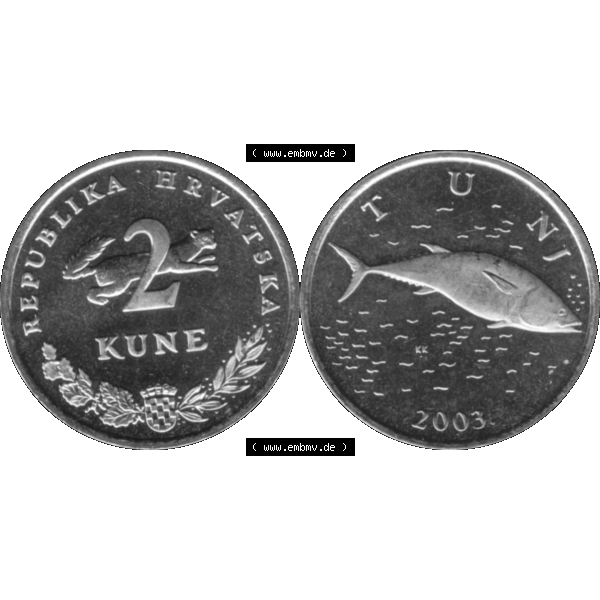 Grau bzw. s/w Alte Münze Kroatien Umlaufmünze 1993-2021, 2 Kune 2003-01. Vorderseite und Rückseite der Münze aus Kroatien dem Zeitraum 1993-2022, horizontal auf einen digitalen... Sammlung Graustufen