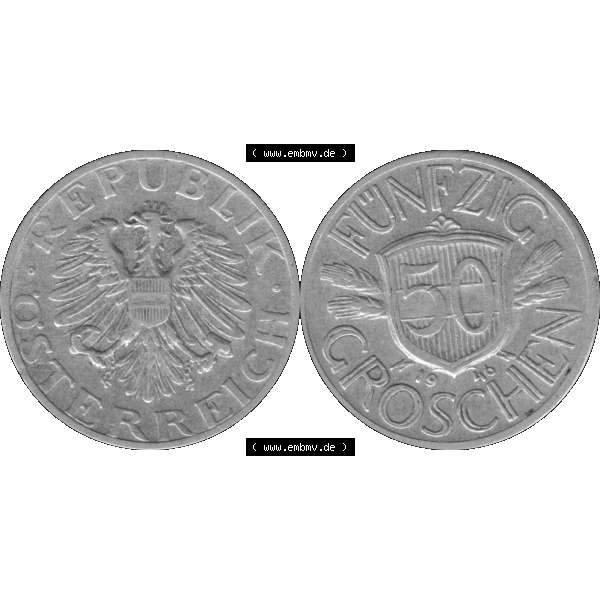 Grau bzw. s/w Alte Münze aus Österreich als PNG-Grafik 1946-1955, 50 Groschen 1946-01. Vorderseite und Rückseite der 50 Groschen Münze horizontal auf einen digitalen Bild der alten österreichischen... Sammlung Graustufen