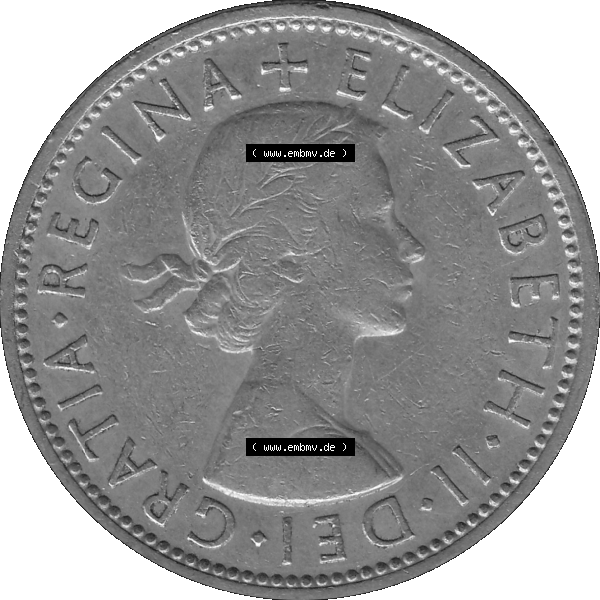 Grau bzw. s/w Alte Münze Großbritannien, Bild in Farbe bzw. Color PNG-Grafik, Umlaufmünze aus dem Zeitraum 1954-1970, 2 Schilling-Florin, Two Shillings, 1965-01 ELIZABETH... Sammlung Graustufen