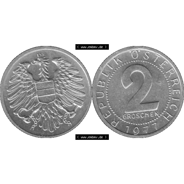 Grau bzw. s/w Alte Münze aus Österreich als PNG-Grafik 1950-1994, 2 Groschen 1977-01. Vorderseite und Rückseite der 2 Groschen Münze horizontal auf einen digitalen Bild der alten österreichischen... Sammlung Graustufen